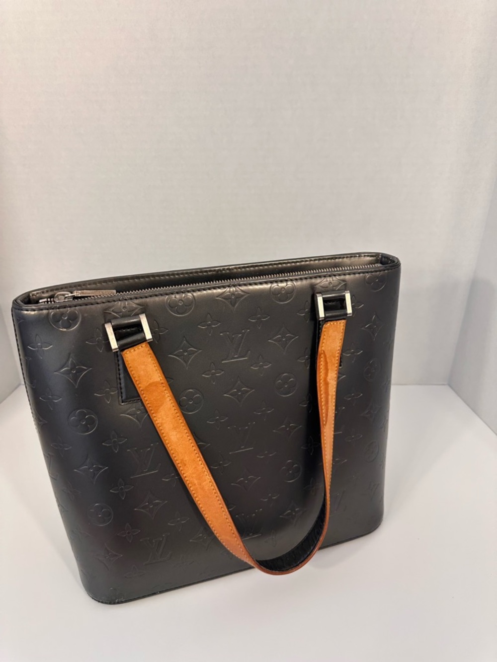 Louis Vuitton Black Embossed Monogram Shoulder Bag with Tan Straps